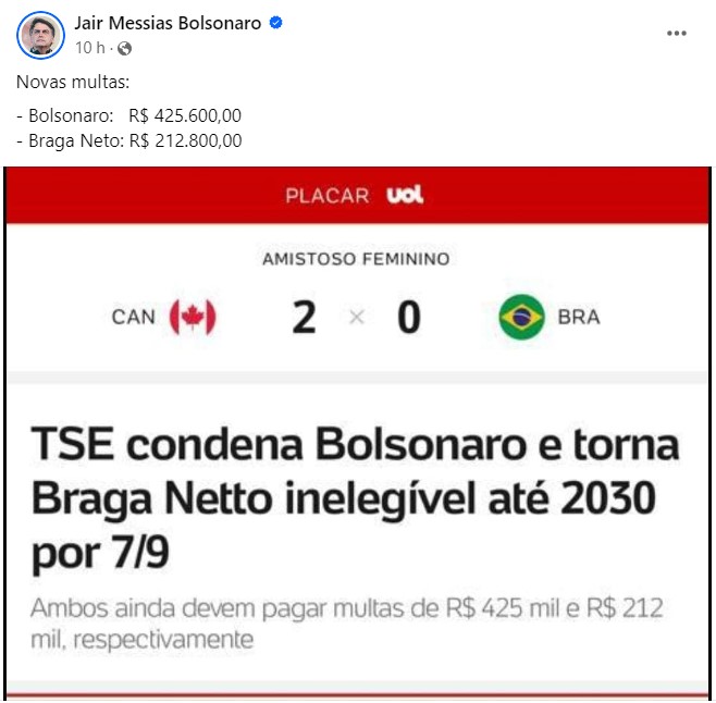 Bolsonaro postou matéria do G1 que divulga novamente sua condenação eleitoral (Reprodução)